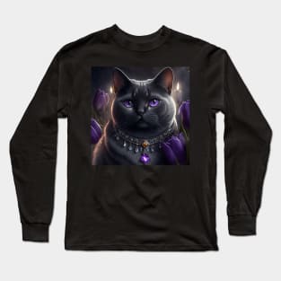 Black British Shorthair Cat With Tulips Long Sleeve T-Shirt